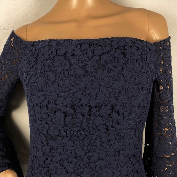 NEW BARDOT REVOLVE NAVY OFF-THE-SHOULDER LACE DRESS - Picture 3 of 8